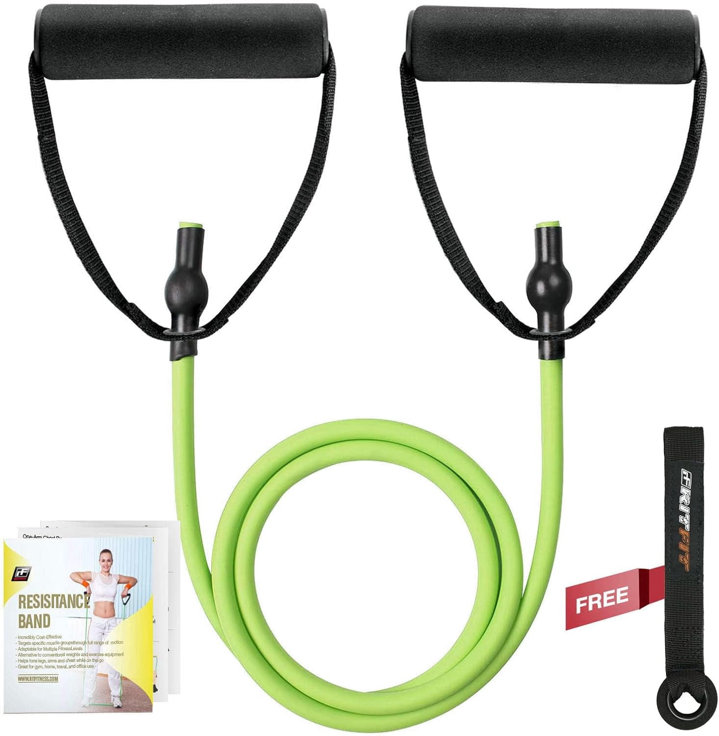 JJEAN-Single Resistance Exercise Band with Comfortable Handles - Ideal for Physical Therapy, Strength Training, Muscle Toning - Foam Padding Door Anchor and Starter Guide Included