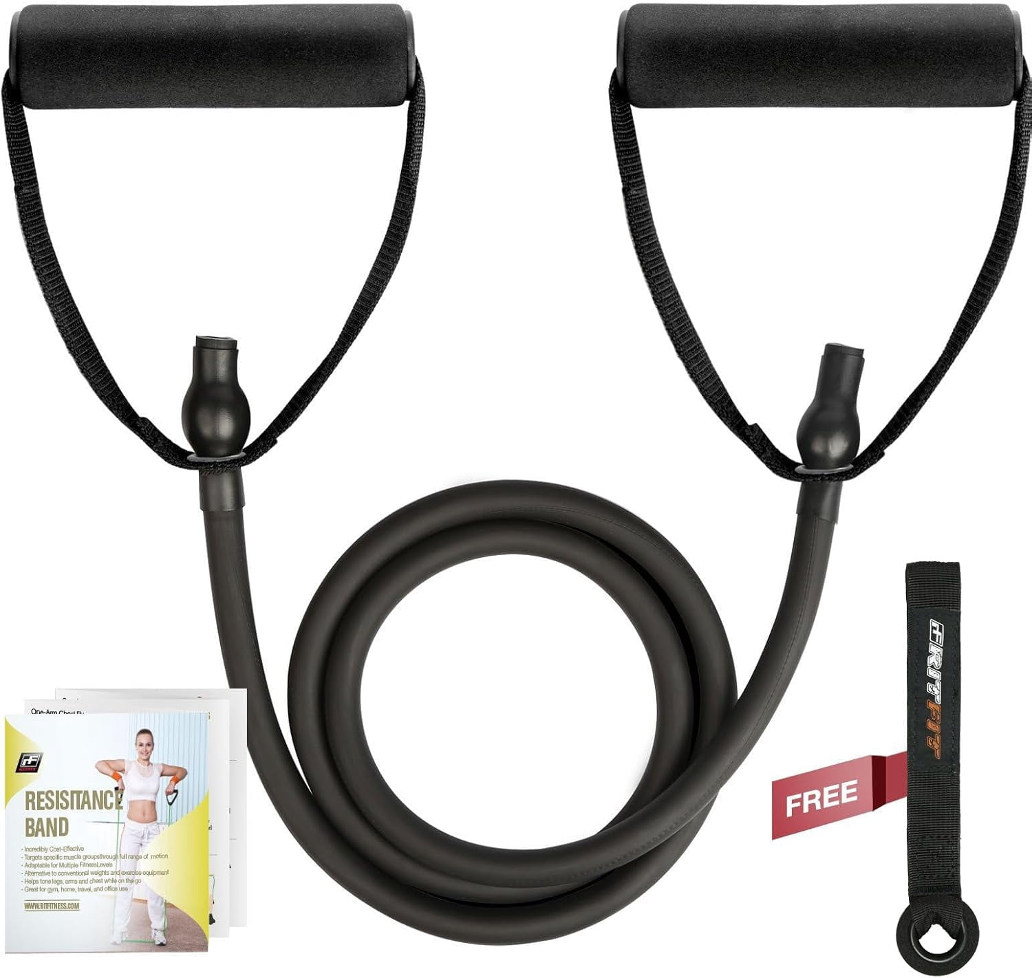 JJEAN-Single Resistance Exercise Band with Comfortable Handles - Ideal for Physical Therapy, Strength Training, Muscle Toning - Foam Padding Door Anchor and Starter Guide Included