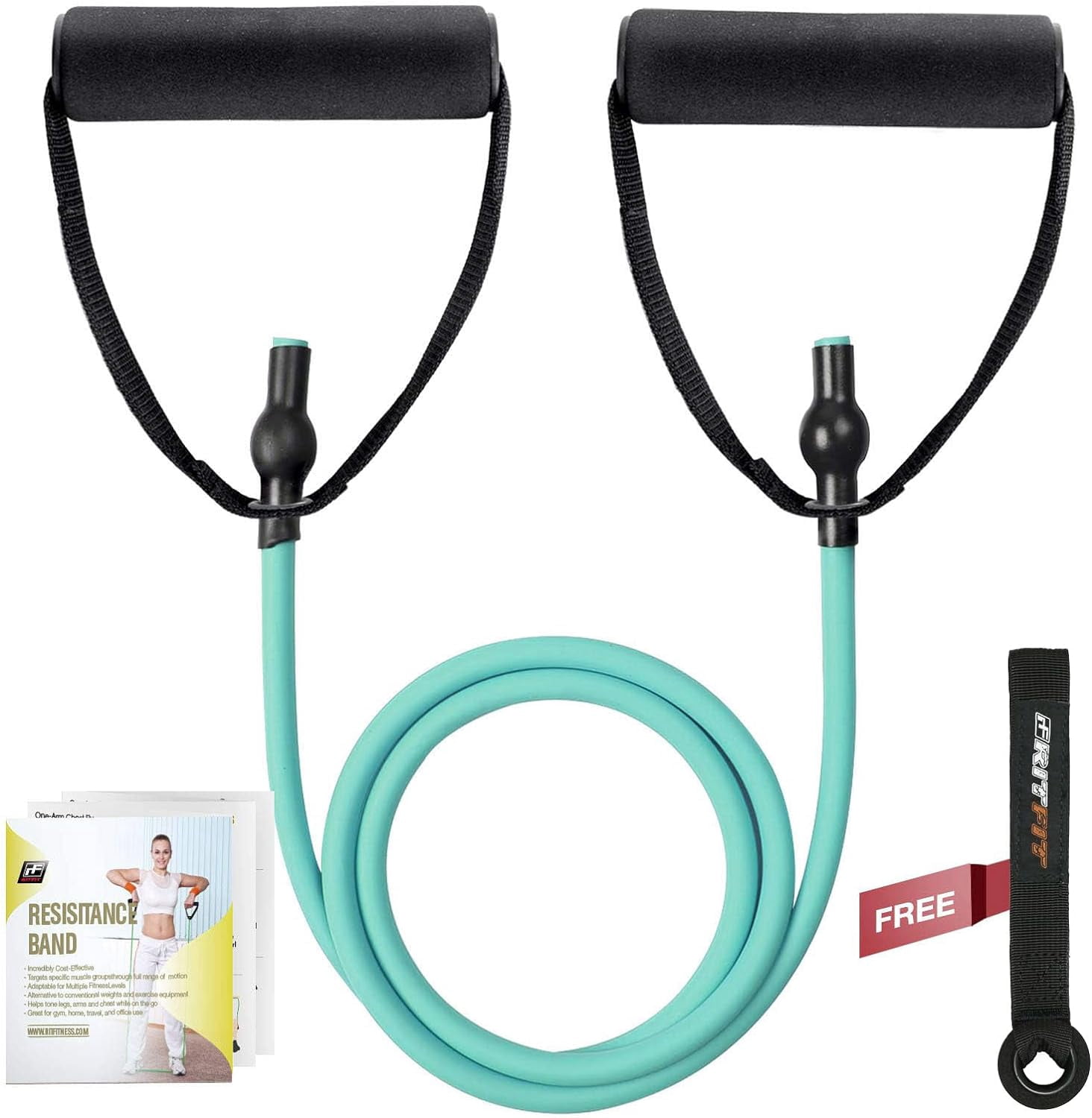 JJEAN-Single Resistance Exercise Band with Comfortable Handles - Ideal for Physical Therapy, Strength Training, Muscle Toning - Foam Padding Door Anchor and Starter Guide Included
