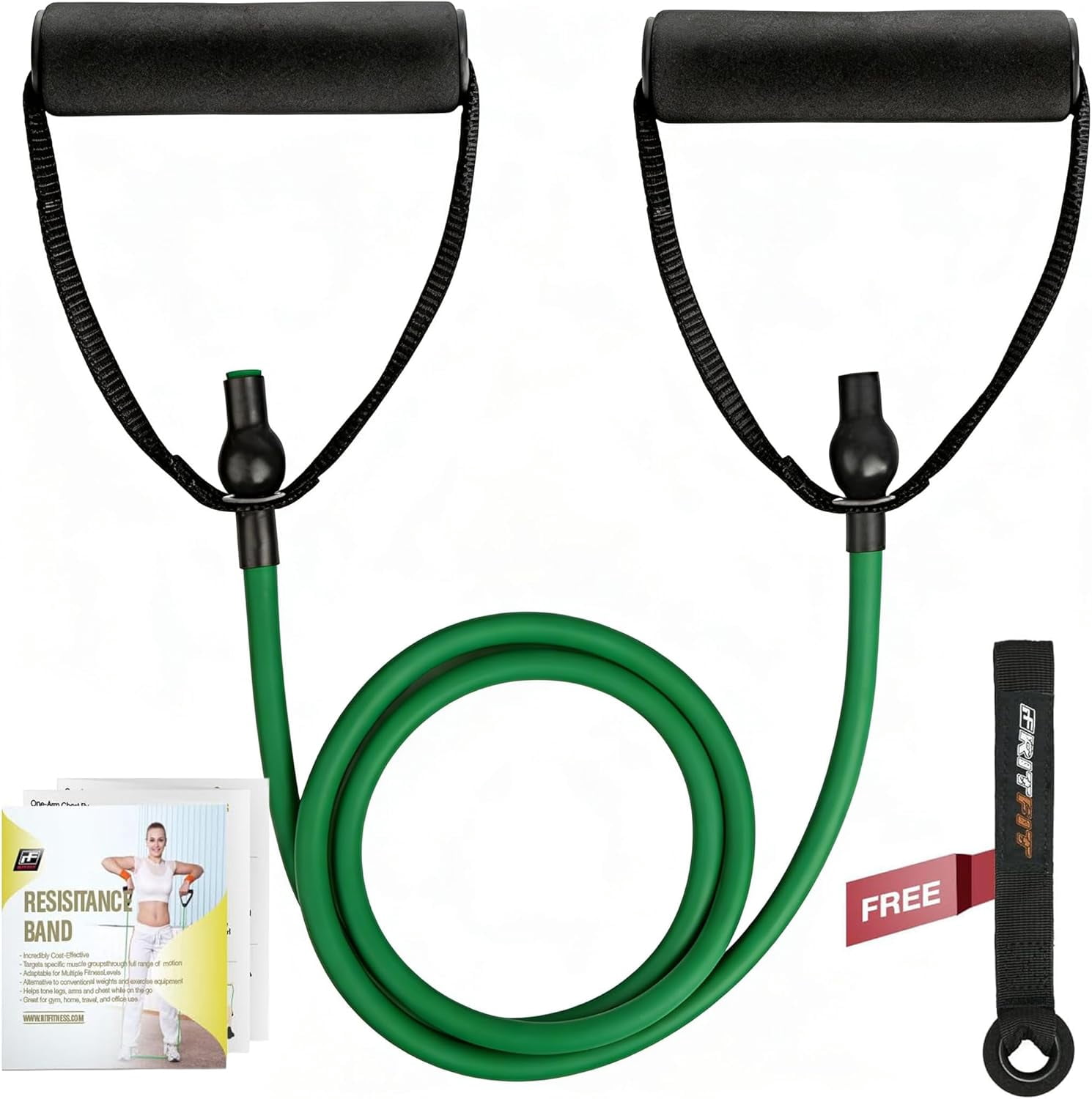 JJEAN-Single Resistance Exercise Band with Comfortable Handles - Ideal for Physical Therapy, Strength Training, Muscle Toning - Foam Padding Door Anchor and Starter Guide Included