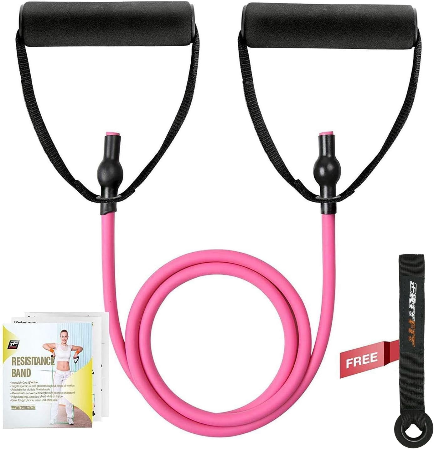 JJEAN-Single Resistance Exercise Band with Comfortable Handles - Ideal for Physical Therapy, Strength Training, Muscle Toning - Foam Padding Door Anchor and Starter Guide Included