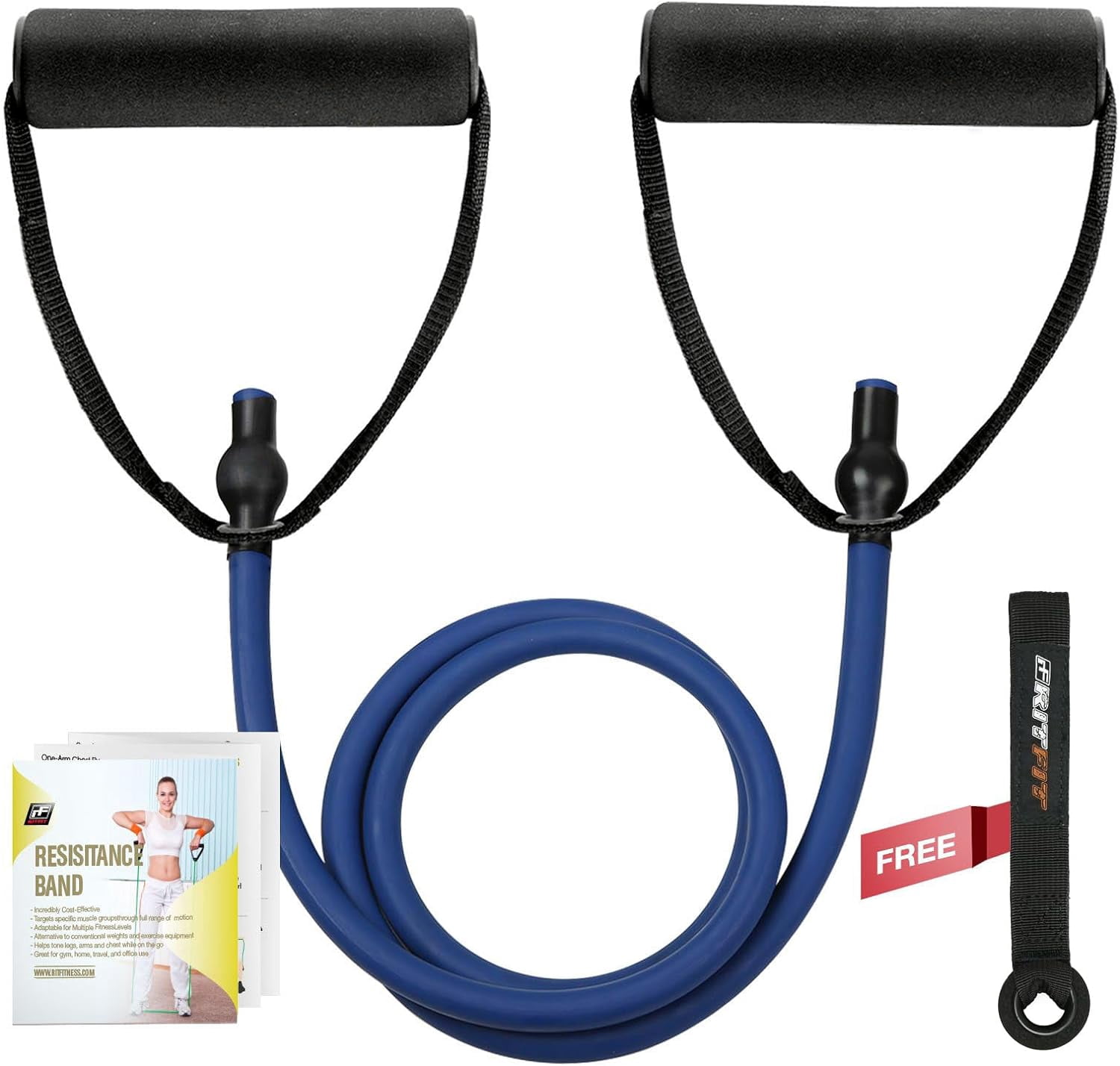 JJEAN-Single Resistance Exercise Band with Comfortable Handles - Ideal for Physical Therapy, Strength Training, Muscle Toning - Foam Padding Door Anchor and Starter Guide Included