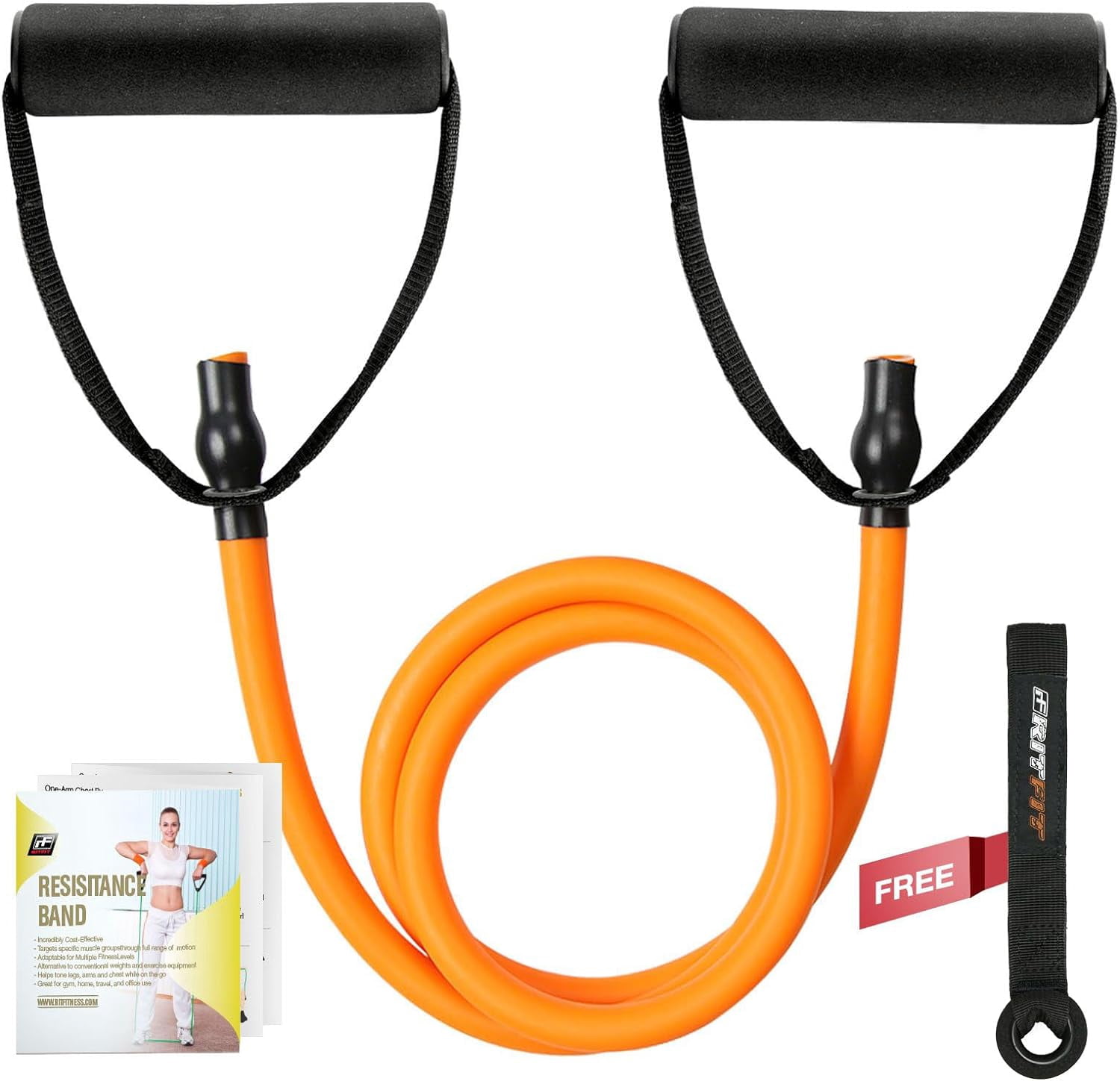 JJEAN-Single Resistance Exercise Band with Comfortable Handles - Ideal for Physical Therapy, Strength Training, Muscle Toning - Foam Padding Door Anchor and Starter Guide Included
