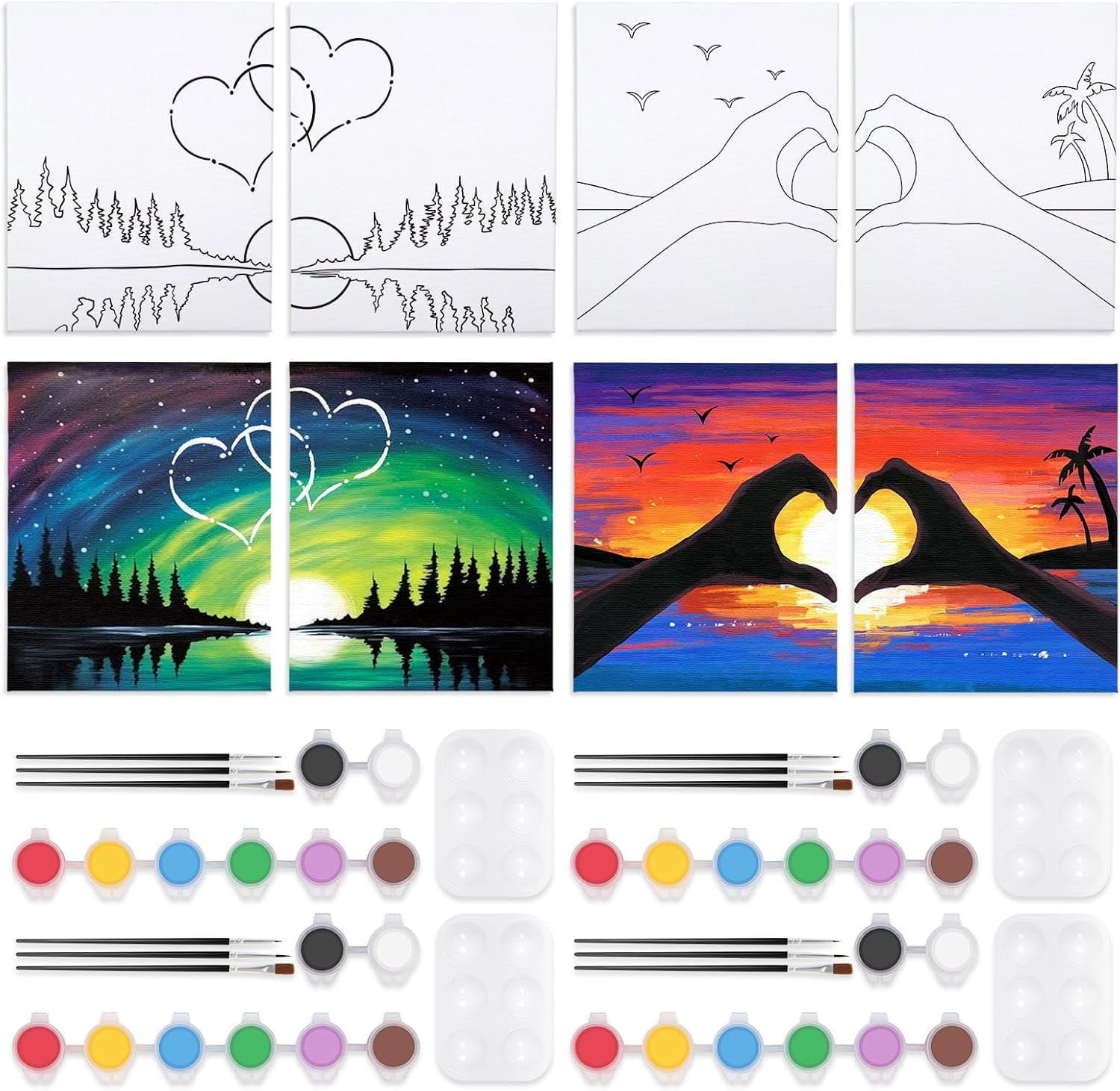 JJEAN-Sip and Paint Kit for Adults,Pre Drawn Canvas 4 Pack Painting Kit Party Date Night Couples Paint Art Canvas Set Valentine 8x10 in