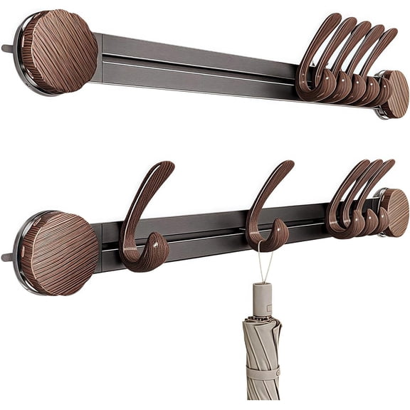 JJEAN-Slidable Suction Cup Coat Rack - 17.5" No-Drill Wood Grain Aluminum Towel Rack - Customizable Spacing Wall Hooks for Bathroom,RV,Entryway Renter-Friendly Modern Farmhouse Decor (5Hook,Walnut)