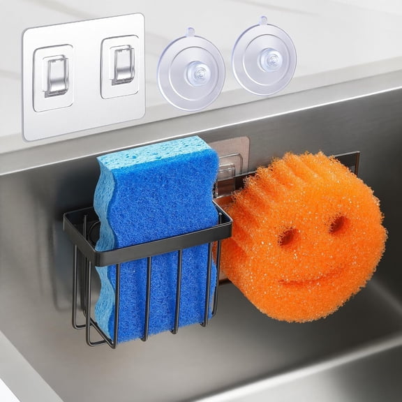 JJEAN-[Slim & Space-saving] Sponge Holder for Kitchen Sink, Sponge Caddy for Scrub Daddy / Scrub Mommy Smiley Face, Sink Organizer Accessories for Dish Brush, Scrubber -with 2 Suction Cups & 1 Adhesi