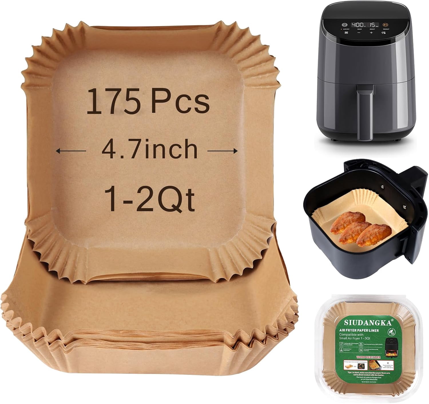 JJEAN-Small Air Fryer Liners Disposable Compatible with COSORI Air Fryer 2.1 Qt, 175 PCS Unbleached Parchment Paper 1-2 qt Small Air Fryer Liners Disposable for COSORI Accessories Non-Stick Baking Pa