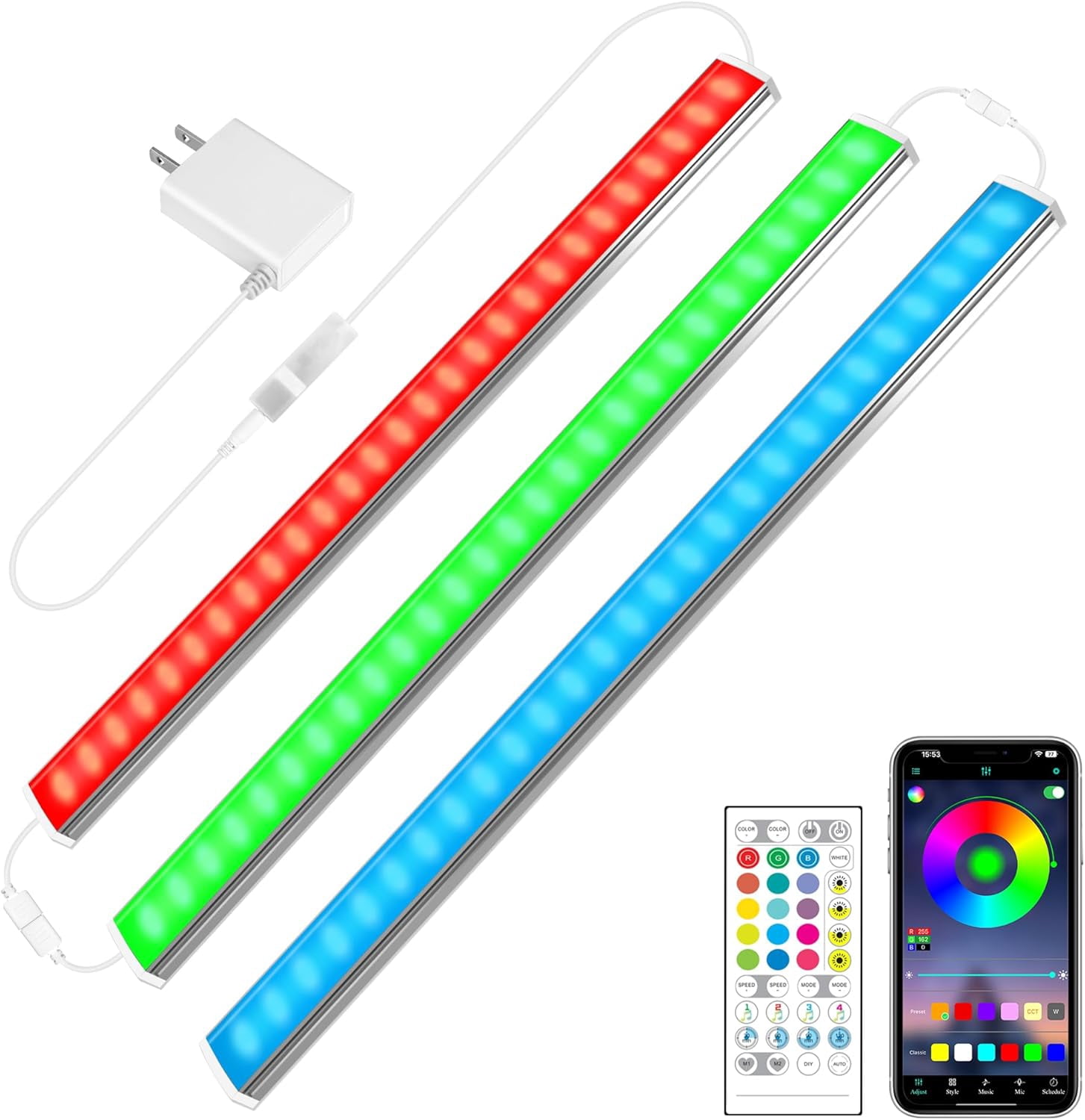 JJEAN-Smart Under Cabinet Lights Plug in, 3 Pcs 12 Inch Ultra Thin Under Cabinet Lighting, Multicolor Under Counter Lights for Kitchen, Dimmable Mood Light for Cabinet, Counter, Workbench