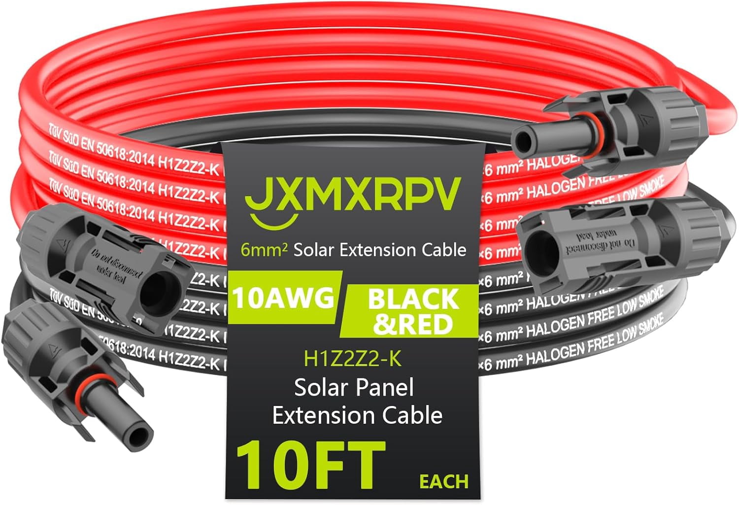 JJEAN-Solar Cable Extension 10Ft 10AWG, Solar Wire with Tool-Free Solar Connectors, Waterproof Solar Panel Extension Cable 6mm², PV Cable 10Gauge for Home Boat RV Solar Panels(10ft)