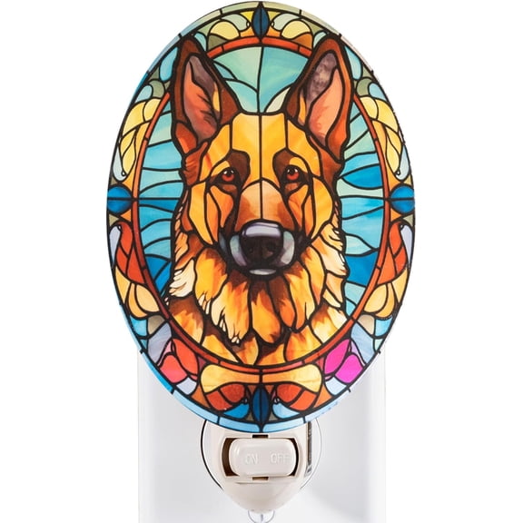 JJEAN-Stained Glass Styled German Shepherd Night Light Real Glass Plug-in Dog Night Light, Decorative Bedroom, Bathroom & Hallway Dcor