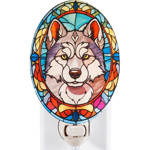 JJEAN-Stained Glass Styled Husky Night Light Real Glass Plug-in Dog Night Light, Decorative Home, Bedroom & Hallway Dcor