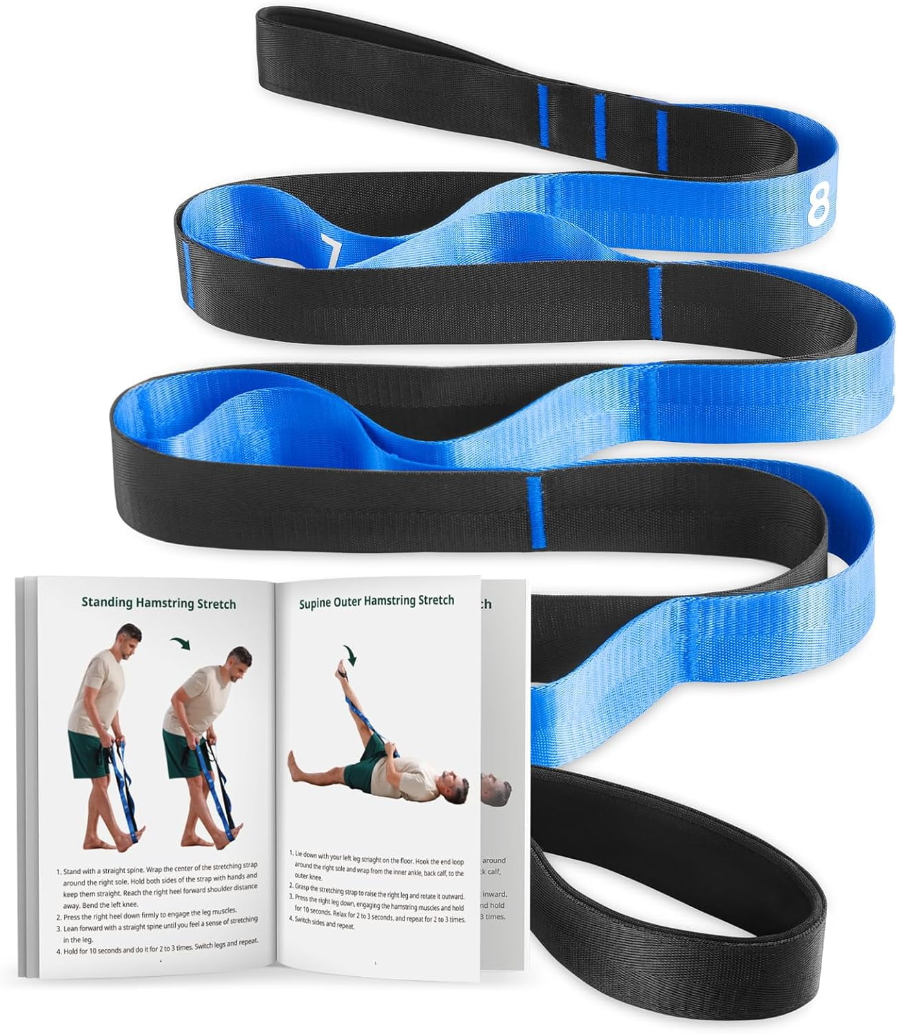 JJEAN-Stretching Straps with Loops, Non-Elastic Yoga Straps for Stretching, Durable Nylon Exercise Bands with Loops for Physical Therapy Flexibility, Yoga,Hamstring Leg Stretcher with Guidance