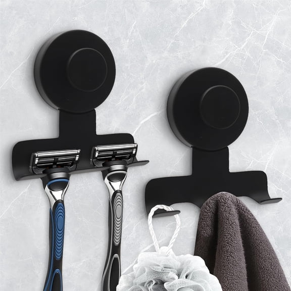 JJEAN-Suction Cup Razor Holder for Shower,Heavy-Duty 7KG Suction Hooks for Razor,Towel,Loofah,Removable Damage-Free Metal Shower Hook,Shaver Holder,2 Pack(Matte Black)