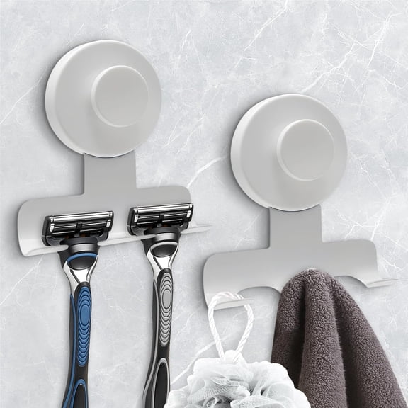 JJEAN-Suction Cup Razor Holder for Shower,Heavy-Duty 7KG Suction Hooks for Razor,Towel,Loofah,Removable Damage-Free Metal Shower Hook,Shaver Holder,2 Pack(Matte White)
