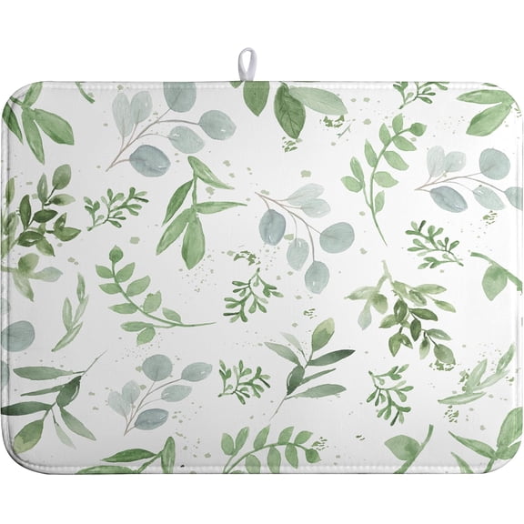 JJEAN-Summer Sage Green Leaves Dish Drying Mat Spring Eucalyptus Leaf Kitchen Dish Drying Pad Absorbent Dish Dryer Mat for Kitchen Countertops Microfiber Dishes Drainer Pad Dish Drying Rack Mat (18x2