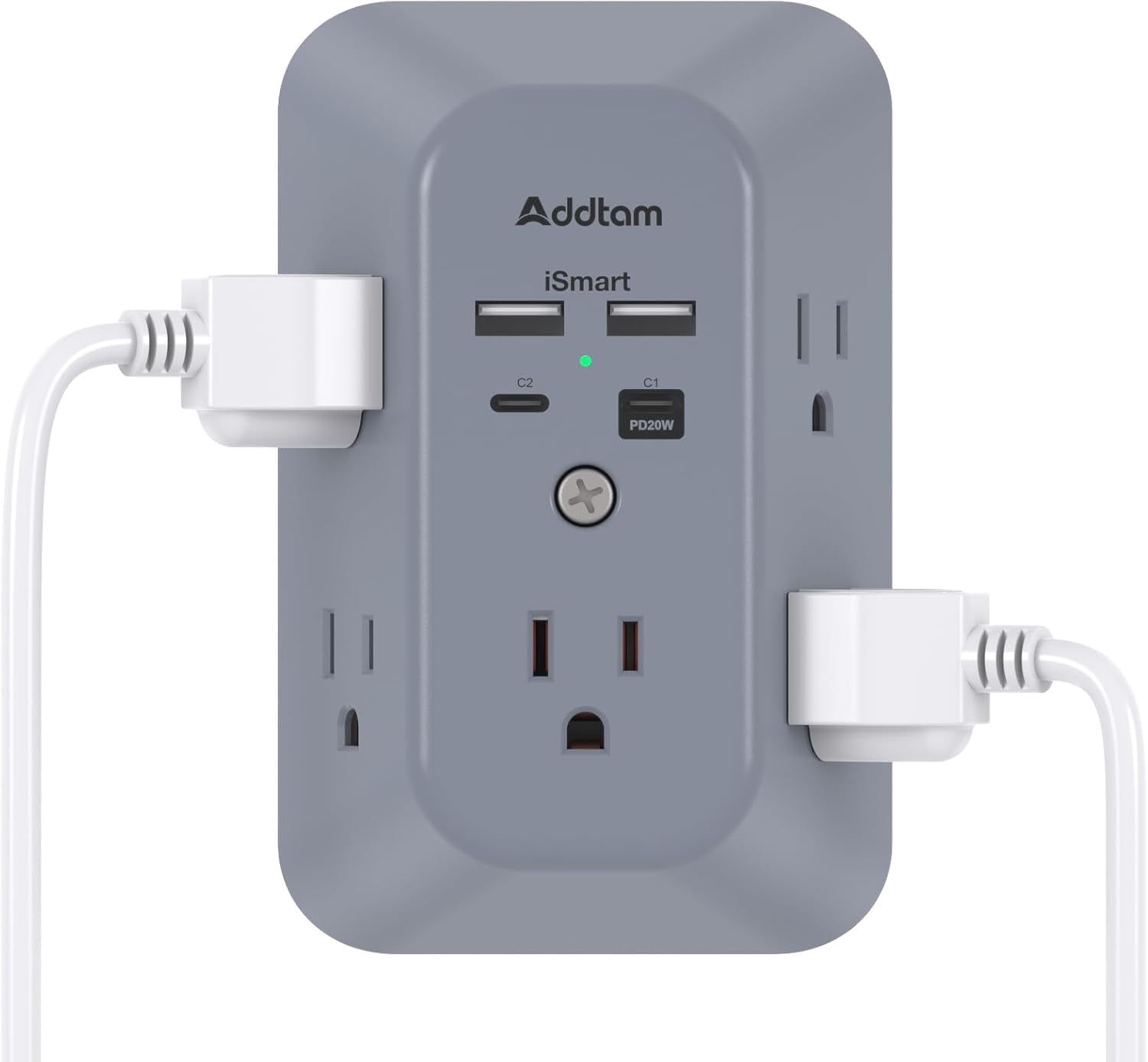 JJEAN-Surge Protector Outlet Extender, Multi Plug Wall Outlet with 4 USB Ports(PD 20W), 3-Sided 1800J Power Strip Plug Extension Outlet Splitter, Gray