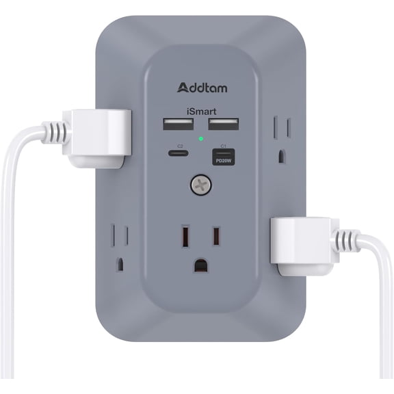 JJEAN-Surge Protector Outlet Extender, Multi Plug Wall Outlet with 4 USB Ports(PD 20W), 3-Sided 1800J Power Strip Plug Extension Outlet Splitter, Gray
