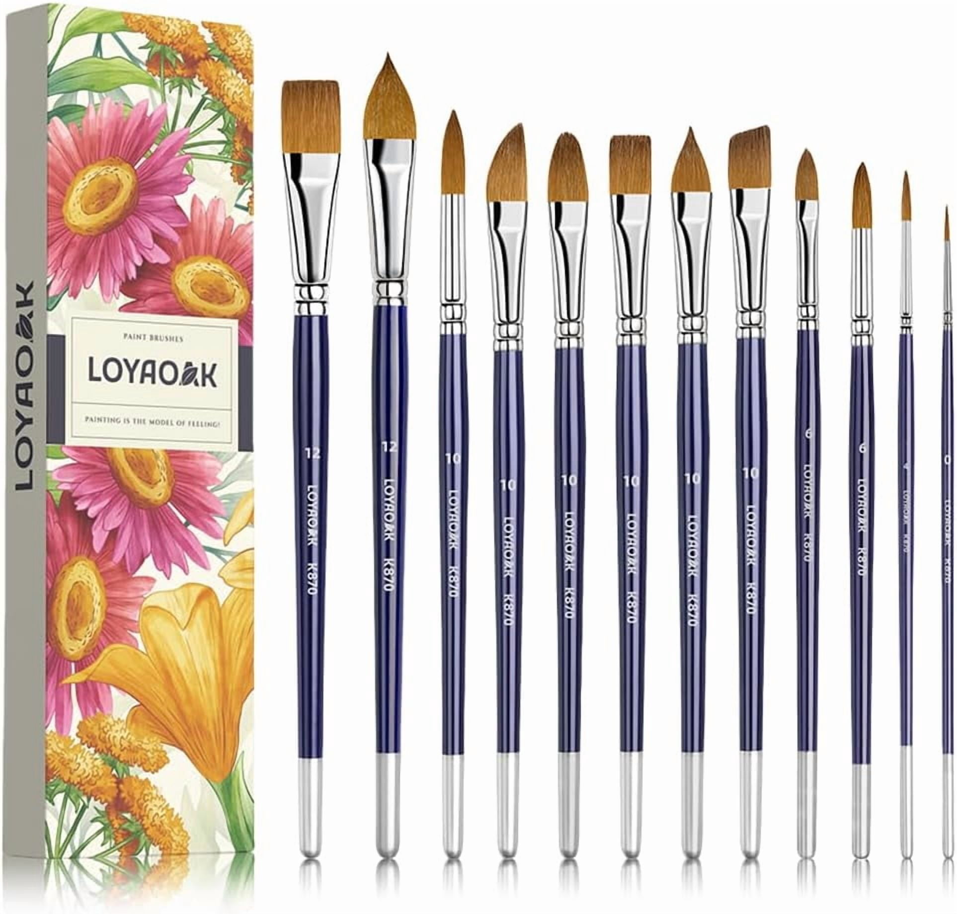 JJEAN-Synthetic Sable Blend Nature Hair Watercolor Brushes-12pcs Paint Brush Set- Round Tip, Flat, Filbert, Dagger, Angular, Cat’s Tongue and Liner
