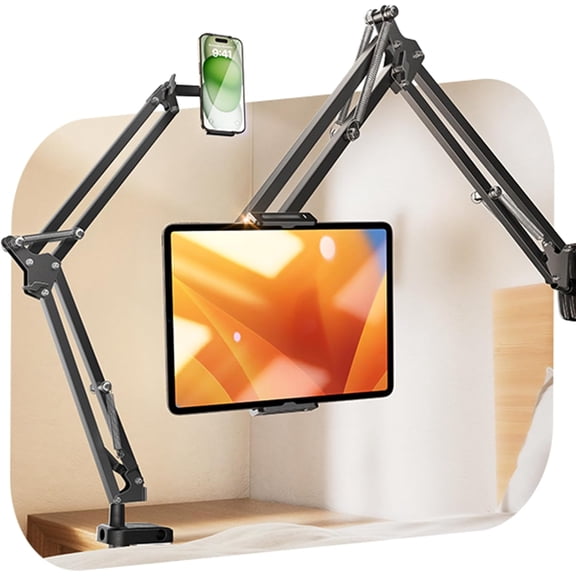 JJEAN-Tablet Stand iPad Stand for Desk Mount [Ultra Sturdy 2 Clamps] iPad Holder for Tablet Holder Mount Desk Accessories for Men fits iPad Air, iPad 12, iPhone 17e, 4-13" Device (Black)
