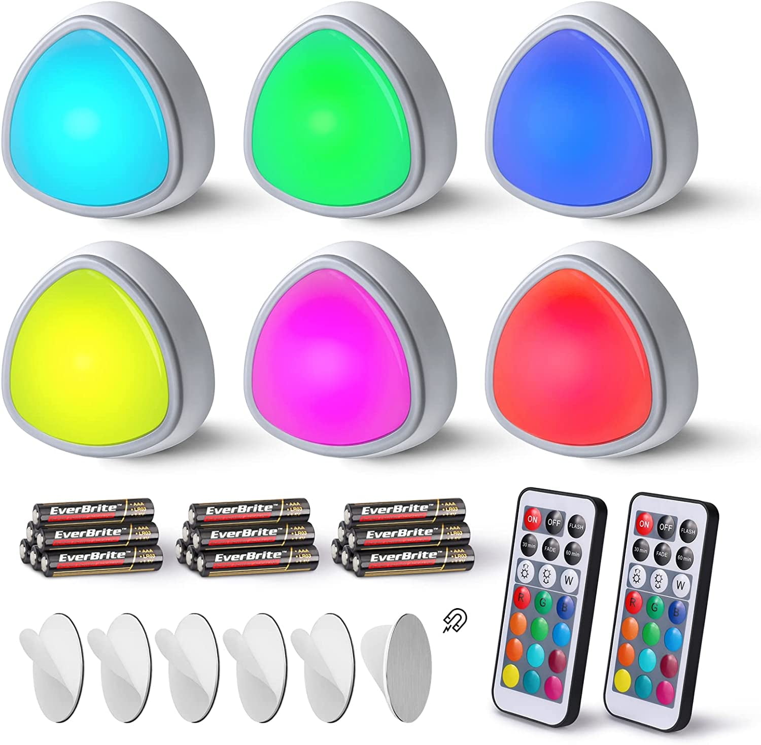 JJEAN-Tap Light, LED Puck Lights, Wireless Push Lights, Remote Controlled Closet Lights with 12 RGB Colors, Perfect for Under Cabinet, Closets, Pantry, with 18 AAA Batteries, 6-Pack