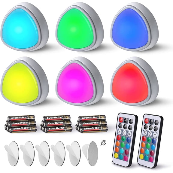JJEAN-Tap Light, LED Puck Lights, Wireless Push Lights, Remote Controlled Closet Lights with 12 RGB Colors, Perfect for Under Cabinet, Closets, Pantry, with 18 AAA Batteries, 6-Pack