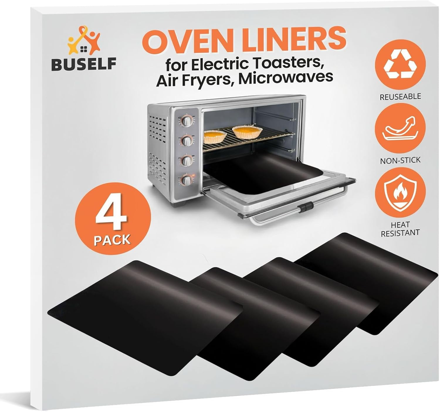 JJEAN-Toaster Oven Liner \u2013 Compatible with Breville, Cuisinart, Black & Decker, Dash, and More \u2013 Nonstick Heat Resistant Reusable Air Fryer Liners, PFOA & BPA Free, 9x11", 4 Pack, Black