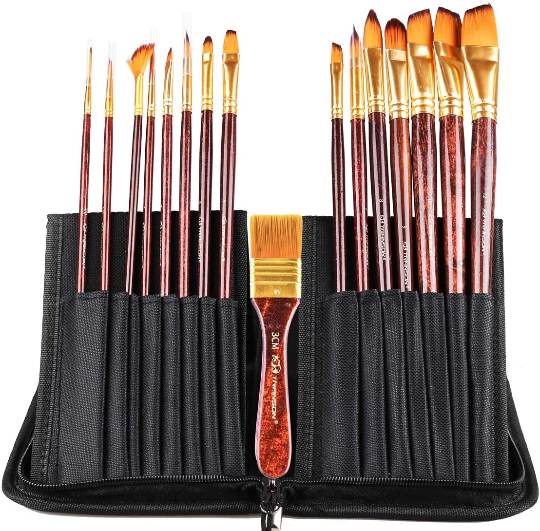 JJEAN-Transon 16pcs Professional Long Artist Paint Brush Set with Brush Case Assorted for Acrylic Watercolor Gouache Oil Tempera and Body Painting
