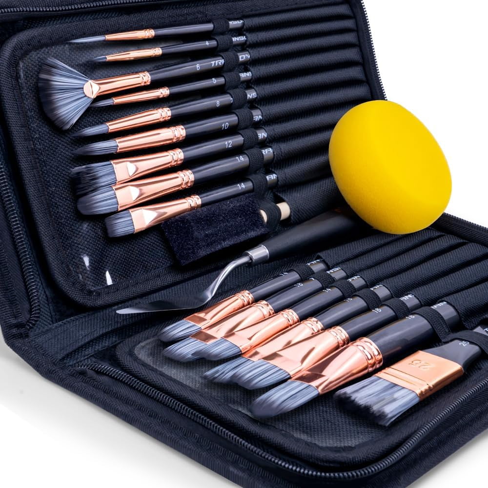 JJEAN-Transon Art Paint Brush Kit 16 Paint Brushes with Foam Brush Sponge Spatula and Art Case for Oil, Acrylic, Watercolor, Gouache, Painting Black Color