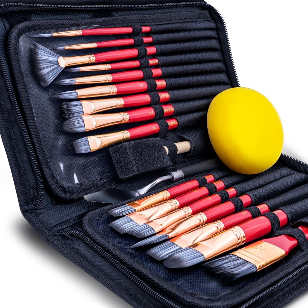 JJEAN-Transon Art Paint Brush Kit 16 Paint Brushes with Foam Brush Sponge Spatula and Brush Case for Oil, Acrylic, Watercolor, Gouache, Painting Pink Color