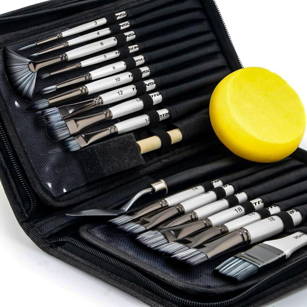 JJEAN-Transon Art Paint Brush Kit 16 Paint Brushes with Foam Brush Sponge Spatula and Art Case for Oil, Acrylic, Watercolor, Gouache, Painting