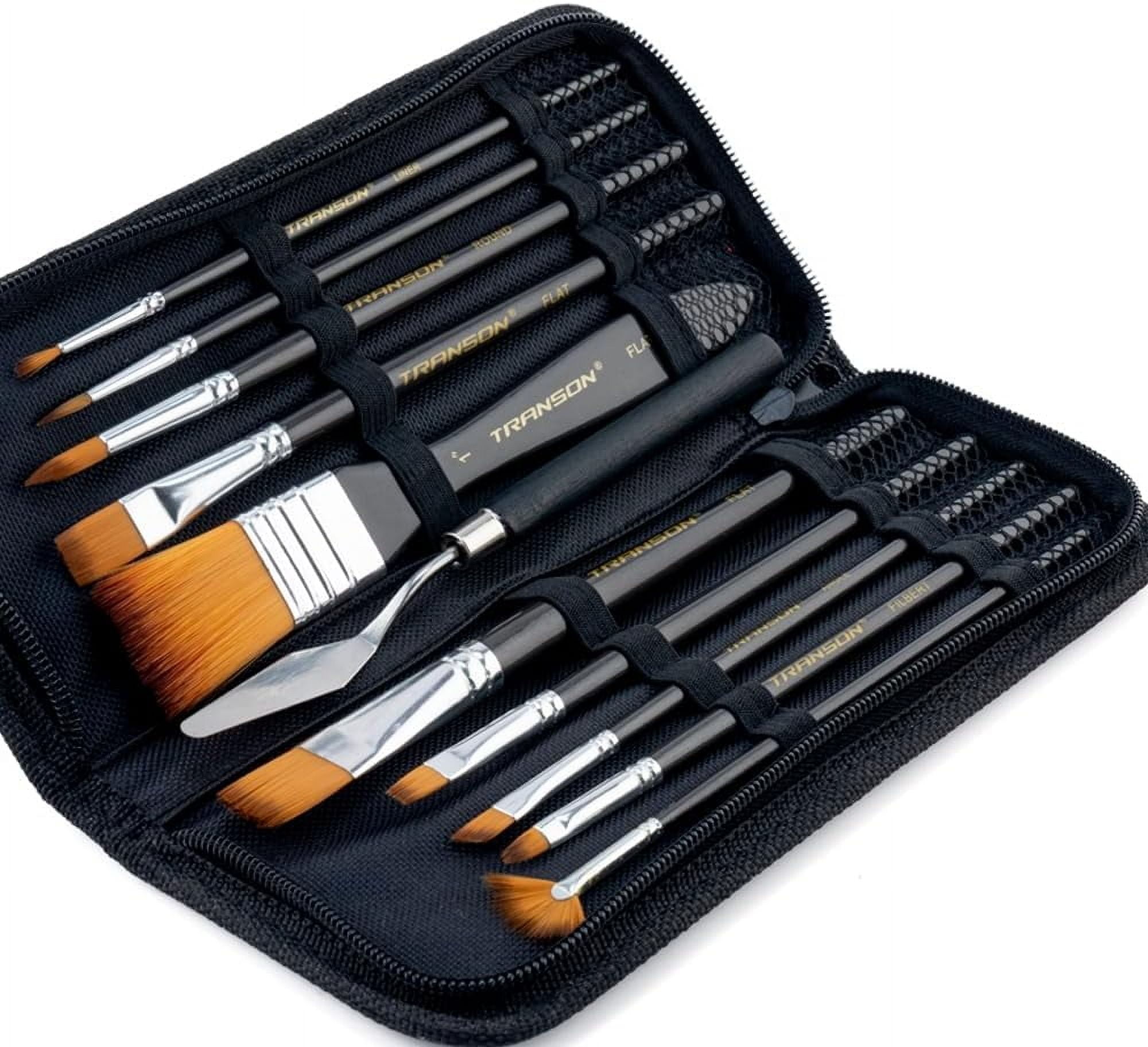 JJEAN-Transon Paint Brush Kit 10pcs Art Brushes and 1 Paint Spatula with Brush Case