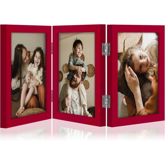 JJEAN-Triple 5x7 Picture Frame Vertical, Engineered Wood Trifold Photo Frame with Plexiglass for Tabletop Display, 5x7, Red