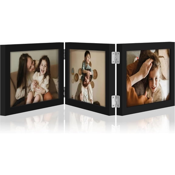 JJEAN-Triple 7x5 Picture Frame Horizontal, Engineered Wood Trifold Photo Frame with Plexiglass for Tabletop Display, 7x5, Black