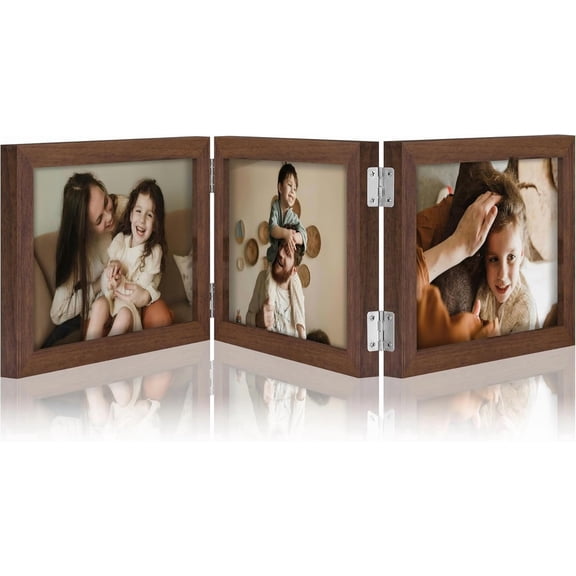 JJEAN-Triple 7x5 Picture Frame Horizontal, Engineered Wood Trifold Photo Frame with Plexiglass for Tabletop Display, 7x5, Brown