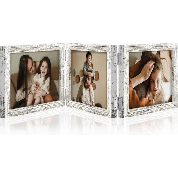 JJEAN-Triple 7x5 Picture Frame Horizontal, Engineered Wood Trifold Photo Frame with Plexiglass for Tabletop Display, 7x5, Distressed White