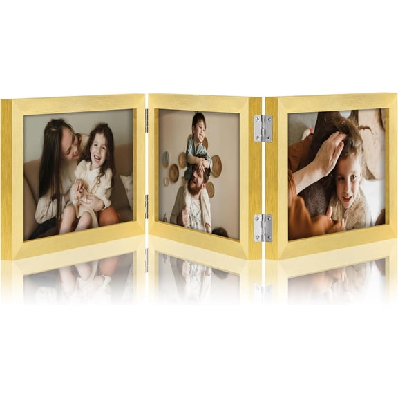 JJEAN-Triple 7x5 Picture Frame Horizontal, Engineered Wood Trifold Photo Frame with Plexiglass for Tabletop Display, 7x5, Gold