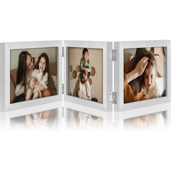 JJEAN-Triple 7x5 Picture Frame Horizontal, Engineered Wood Trifold Photo Frame with Plexiglass for Tabletop Display, 7x5, Silver