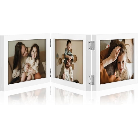 JJEAN-Triple 7x5 Picture Frame Horizontal, Engineered Wood Trifold Photo Frame with Plexiglass for Tabletop Display, 7x5, White