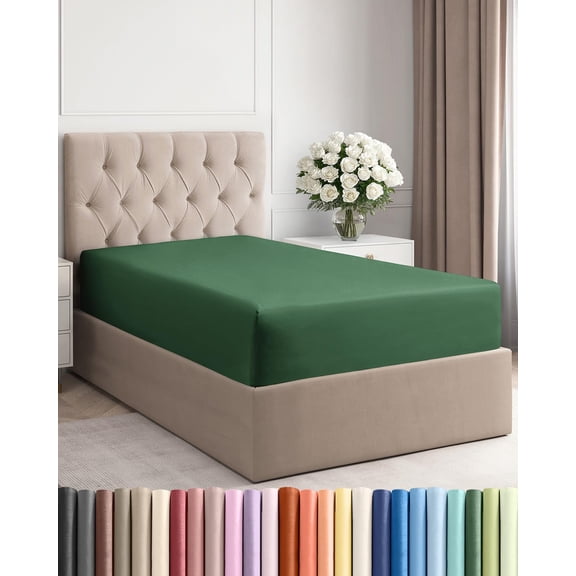 JJEAN-Twin Fitted Bed Sheet - Bottom Single Fitted Sheet Only - Ultra-Soft Hotel Luxury Bedding w/ 8-16 Inch Deep Pockets - Breathable & Wrinkle Free - Easy-Care, Fade and Shrink Resistant - Emerald