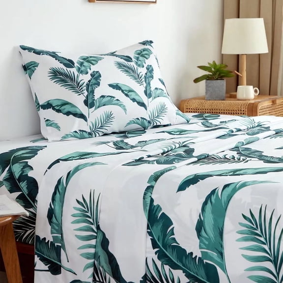 JJEAN-Twin Size Sheets Set 3PC- Soft Cooling 1800 Thread Count Microfiber Boho Printed Sheet, 8-17" Deep Pocket Breathes Better, Wrinkle Free, Machine Washable Tropical Palm Tree Fronds Bed Sheets