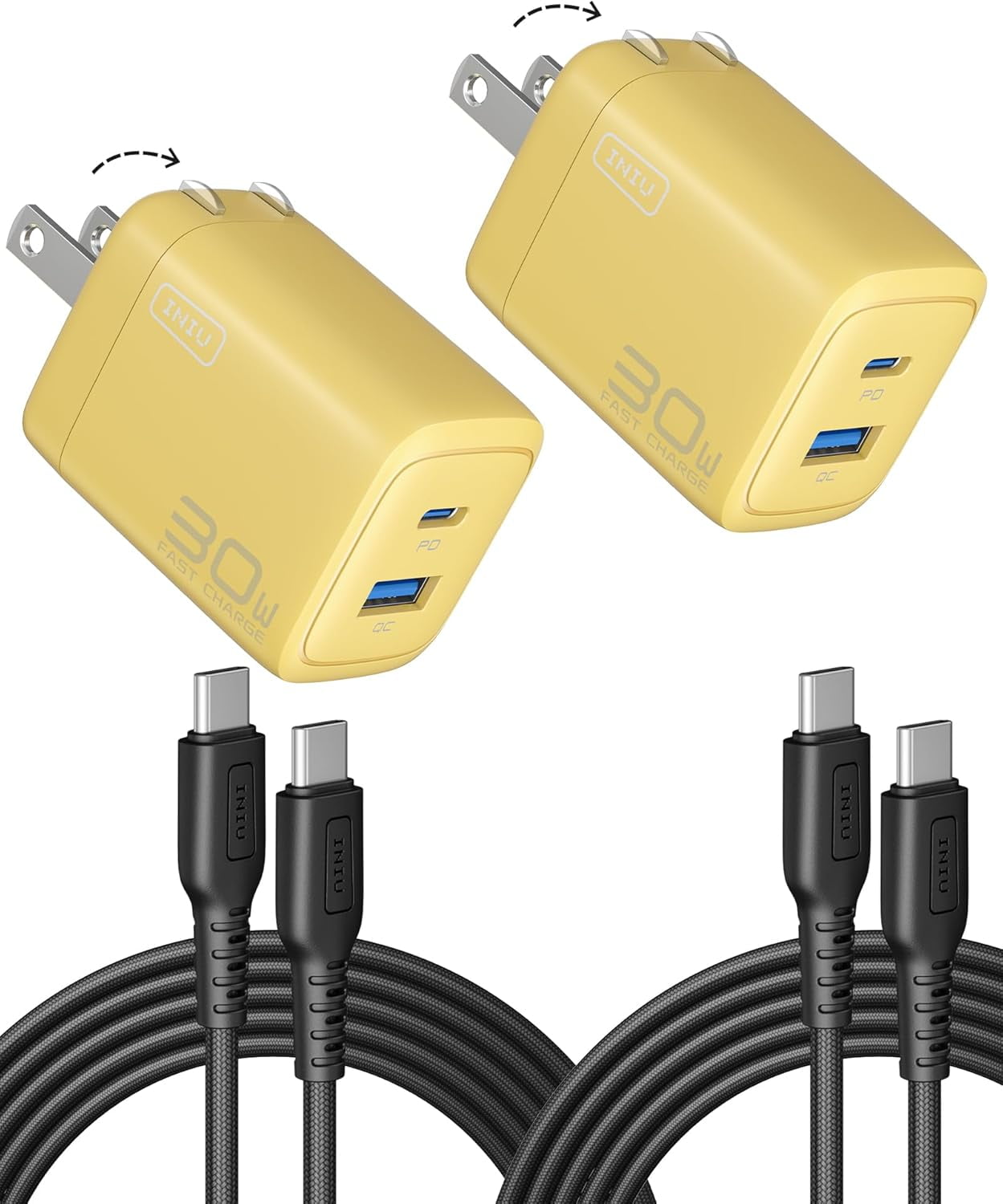JJEAN-USB C Charger, 2-Pack 30W PD QC Fast Charging Type C Charger Block With 5ft USB-C Cable, Compact USB C Wall Charger With Foldable Plug For iPhone 17 Pro Max, Samsung S25, Commuter, Travel, Yell