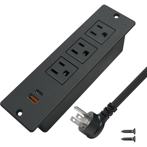 JJEAN-USB C Conference Recessed Power Strip 20W, 3 Outlets 2 USB Fast Charge(PD 20W&QC 18W) Mountable Flat Plug 10ft Extension Power Cord for Nightstand Cabinet Sofa Table Couch