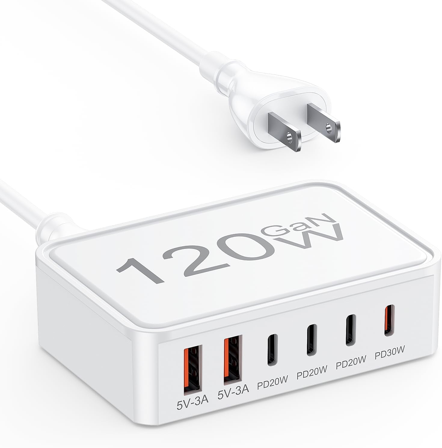 JJEAN-USB C Fast Charger, 120W GaN 6-Port USB C Charging Station Hub, 30W Fast Type C Wall Charger Power Strip Adapter Plug for iPad iPhone 17 16 15 14 13 12 Pro Max Pixel Note Galaxy, 5ft Cord