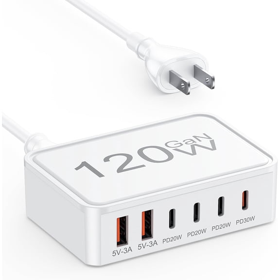 JJEAN-USB C Fast Charger, 120W GaN 6-Port USB C Charging Station Hub, 30W Fast Type C Wall Charger Power Strip Adapter Plug for iPad iPhone 17 16 15 14 13 12 Pro Max Pixel Note Galaxy, 5ft Cord
