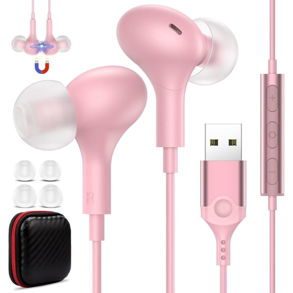JJEAN-USB Headset with Microphone for PC Laptop,7.5ft USB A Headphones Earbuds for Computer with in-Line Control Noise Cancelling Lightweight Wired Computer Headphones for Dell/HP Zoom School Class,P
