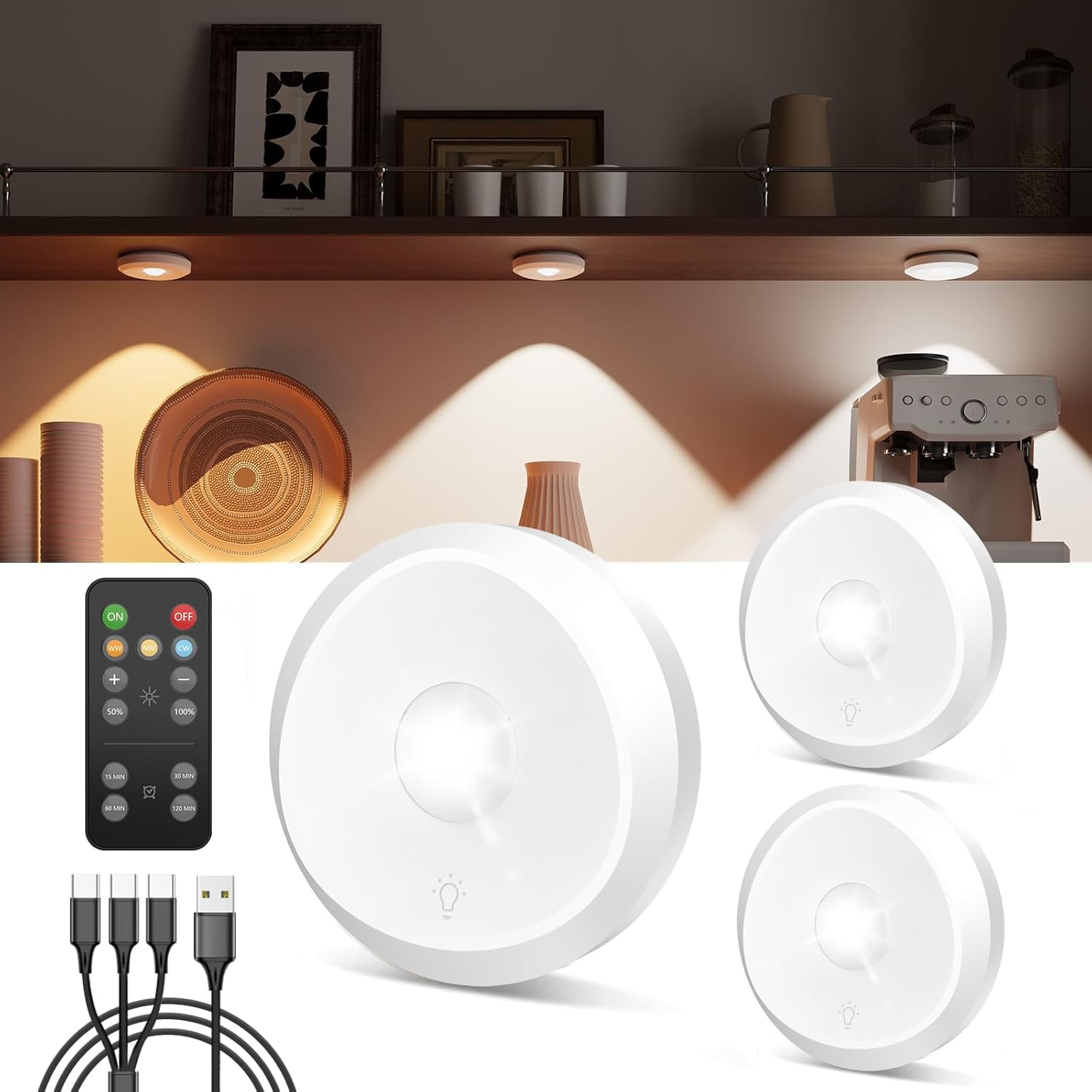 JJEAN-USB Rechargeable LED Puck Lights with Remote Control, 2400mAh Battery Operated Push Lights Stick On Magnetic Closet Tap Light Wireless Kitchen Under Cabinet Touch Lighting Shelf Press Button Li