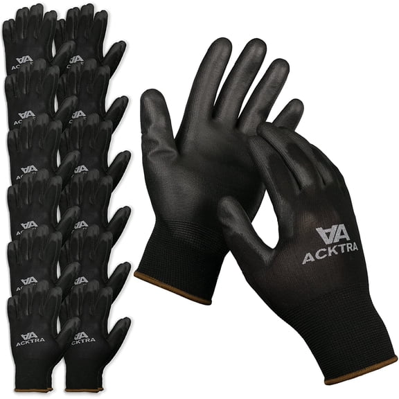 JJEAN-Ultra-Thin PU Safety WORK GLOVES 12 Pairs, WG002 Black/Black, X-Large