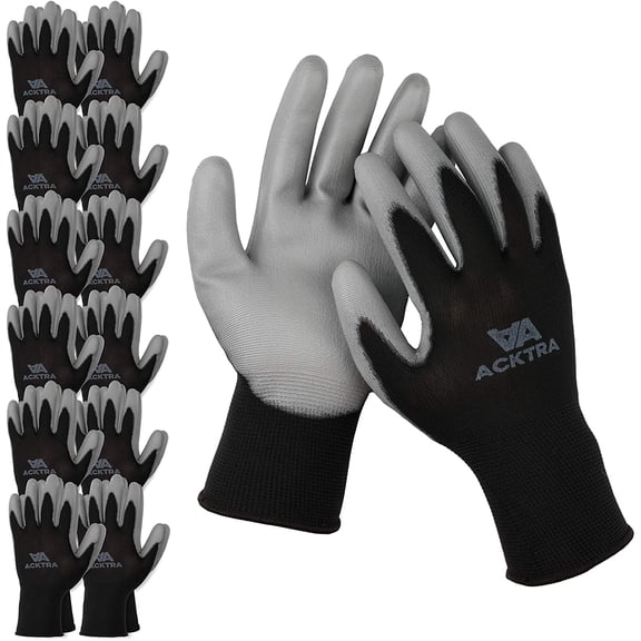 JJEAN-Ultra-Thin PU Safety WORK GLOVES 12 Pairs, WG002 Black/Grey, Large