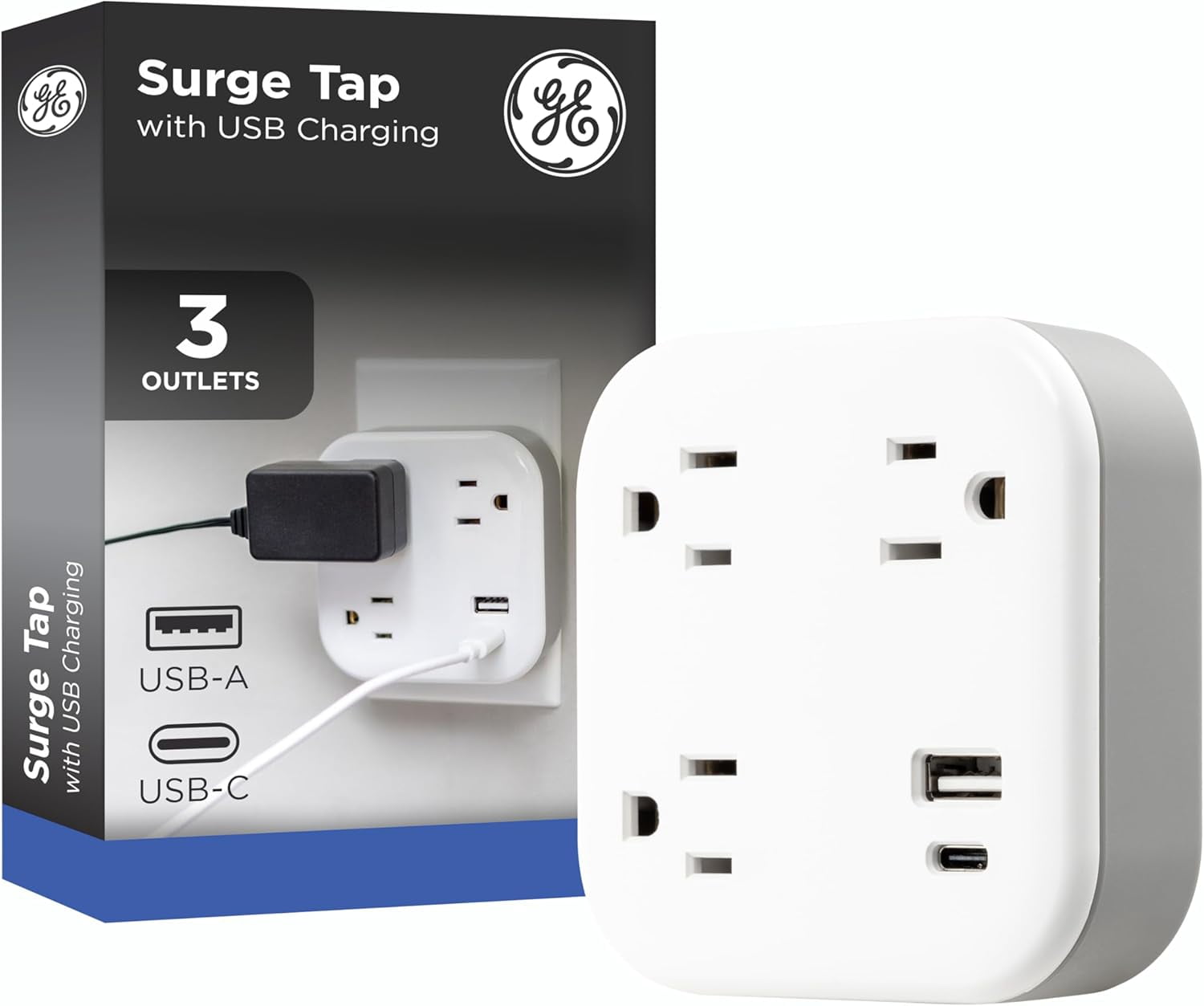 JJEAN-UltraPro 3-Outlet Surge Protector Wall Tap, 980J, USB-C & USB-A Ports, Adapter-Spaced Outlets, Circuit Breaker, ETL Certified, Low-Profile Design, White, 85875