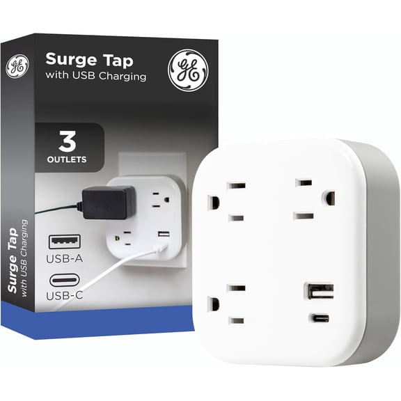 JJEAN-UltraPro 3-Outlet Surge Protector Wall Tap, 980J, USB-C & USB-A Ports, Adapter-Spaced Outlets, Circuit Breaker, ETL Certified, Low-Profile Design, White, 85875